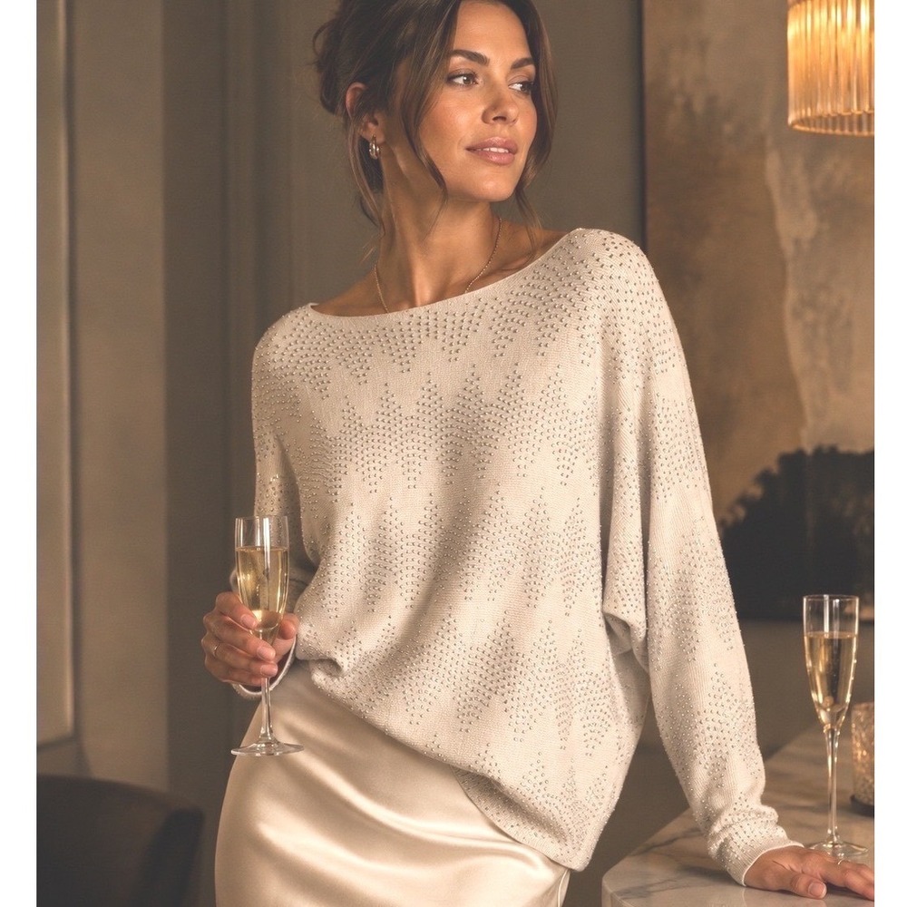LIV Milano Sweater Batwing Rhinestone Embellished Beige Size Medium Knit